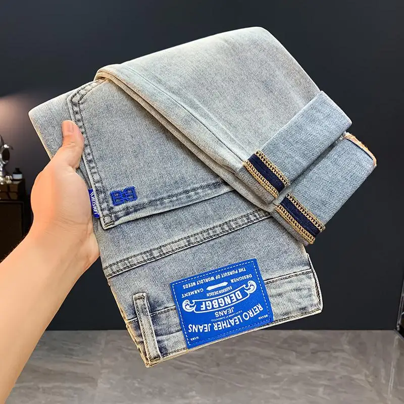 2026 New Light Blue Embroidered Slim Skinny Long Denim Jeans For Men Stylish Versatile Daily Casual Pants