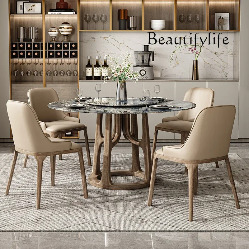 

simple round household dining table and chair combination round dining table Luxury stone natural marble turntable modern
