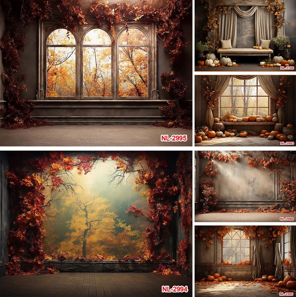 

Autumn Maple Leaves Forest Window Backdrop Pumpkins Sunflower Baby Shower Family Party Photography Background Decor Photo Studio