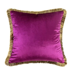 Luxurious Solid Rose Red Green Vintage Shiny Soft Velvet Cushion Cover Fringe Pipping Decorative Sofa Pillow Case 45 x 45 cm