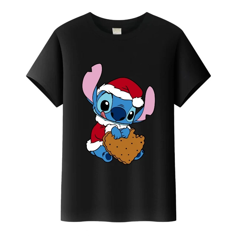 

Disney Stitch Cartoon Christmas Children Blouses Retro Oversized Boy Tops Family Man O-Neck T-Shirt Girl Women Clothes Black Tee