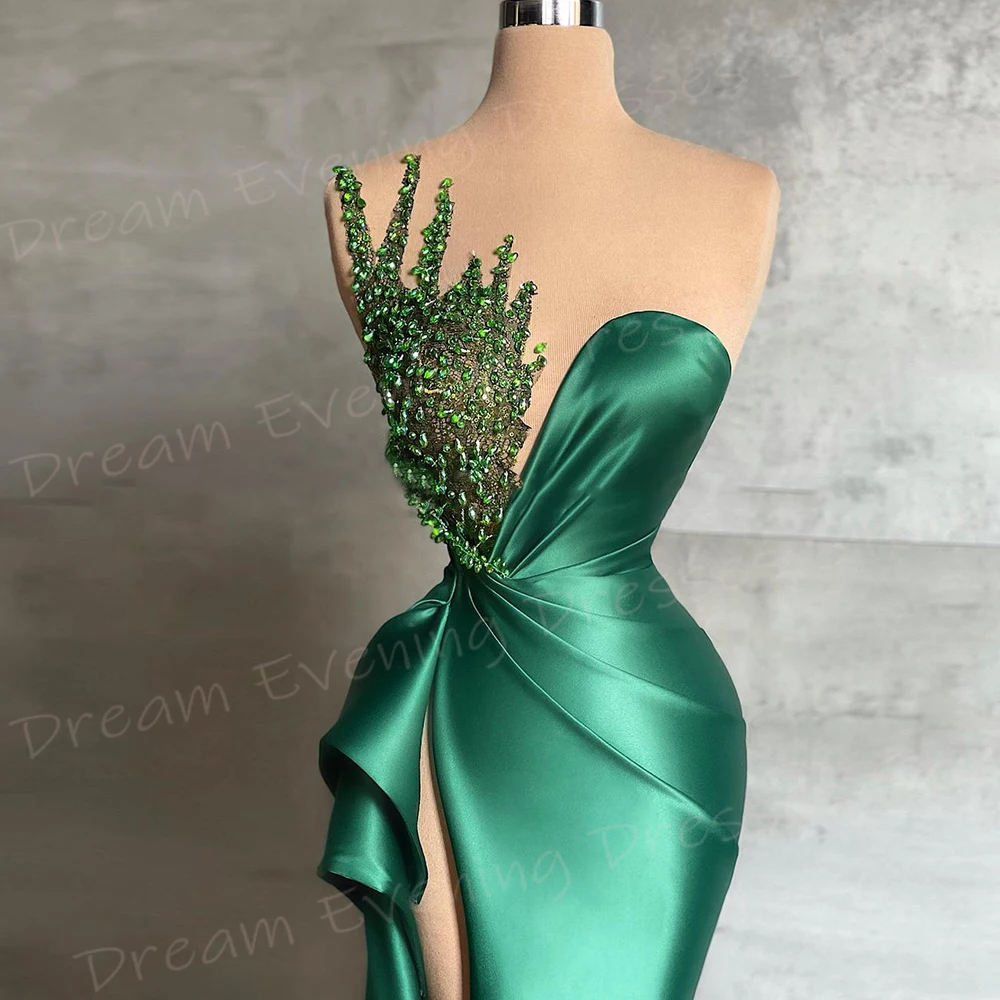 Classic Green Women's Mermaid Graceful Evening Dresses Fashionable Strapless Prom Gowns Side Split Beaded Robe De Soiree Femmes