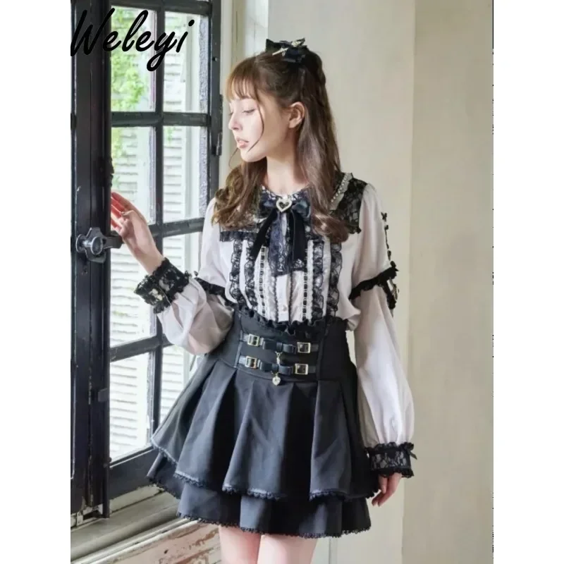 Japanese Jirai Kei Lolita Blouse Women\'s Fashion 2024 Spring New Mine Series Sweet Detachable Sleeve Lace Patchwork Black Shirts