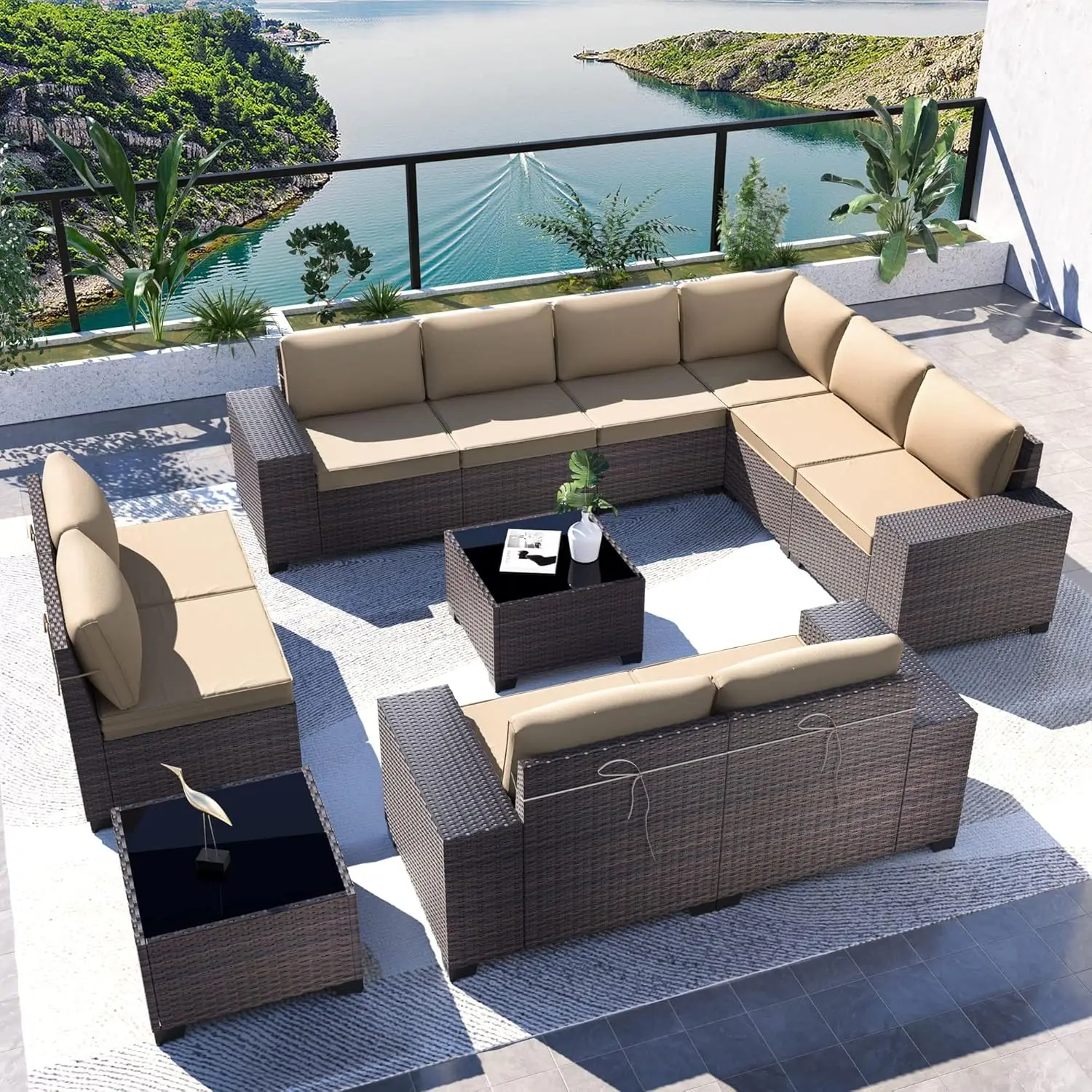 12PCS Outdoor Patio Furniture Set PE Wicker Rattan Sectional Sofa Patio Conversation Sets,Sand