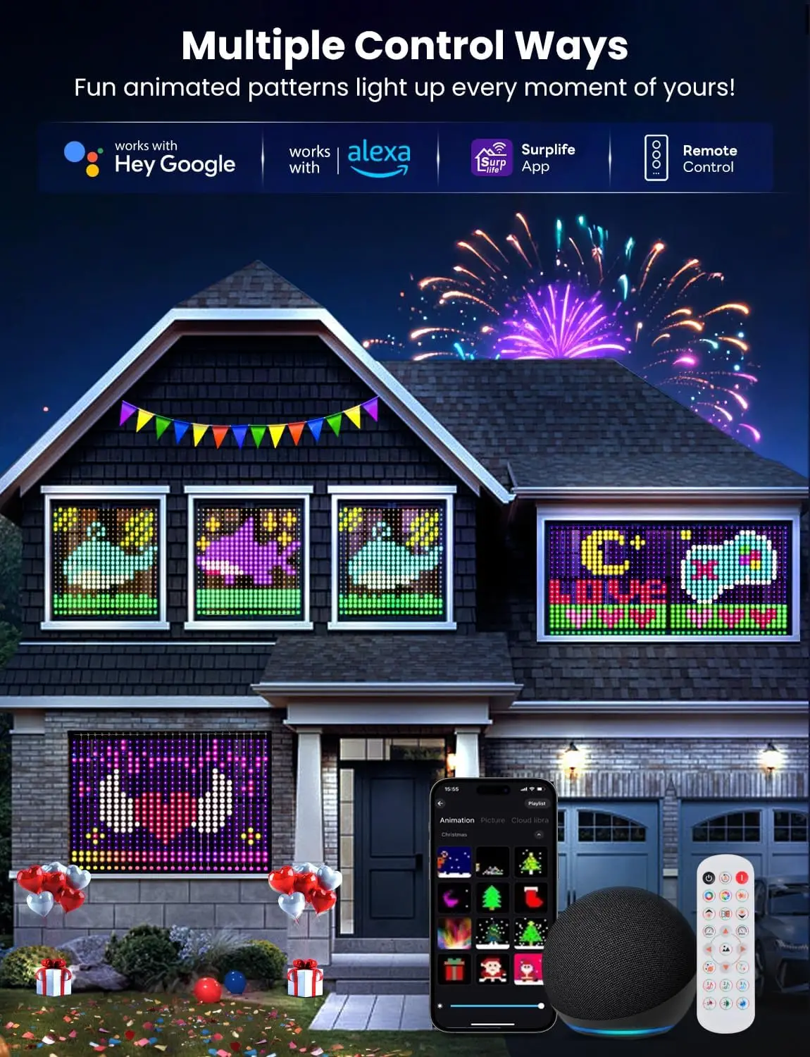 Smart LED Curtain Lights USB,400 LED Dynamic Pattern DIY Curtain String Lights with App & Remote for Bedroom Christmas Decor