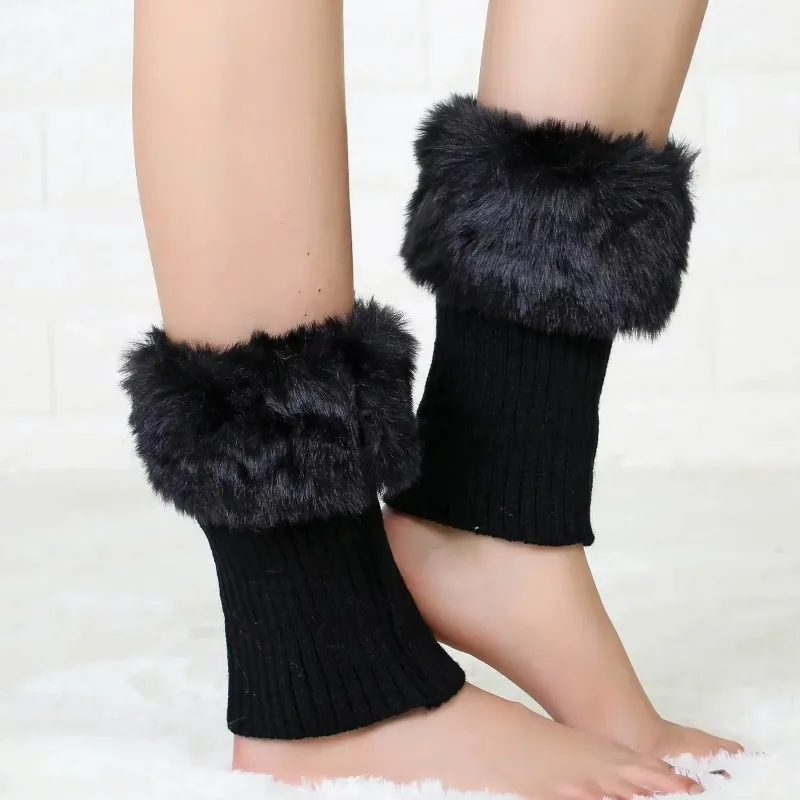 HOT Winter Warm Boot Cuffs Turn-over Fur Trim Soft Leg Warmers Women Crochet Knitted Leg Boot Socks Thick Warmer Foot Cover