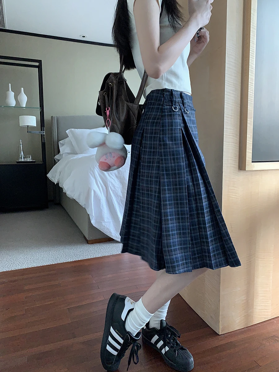 

Korean Sle High Waist Midi Plaid Skirt Women's Summer Blue Gingham Pleated A-Line Skirt Commute Faion College Sle