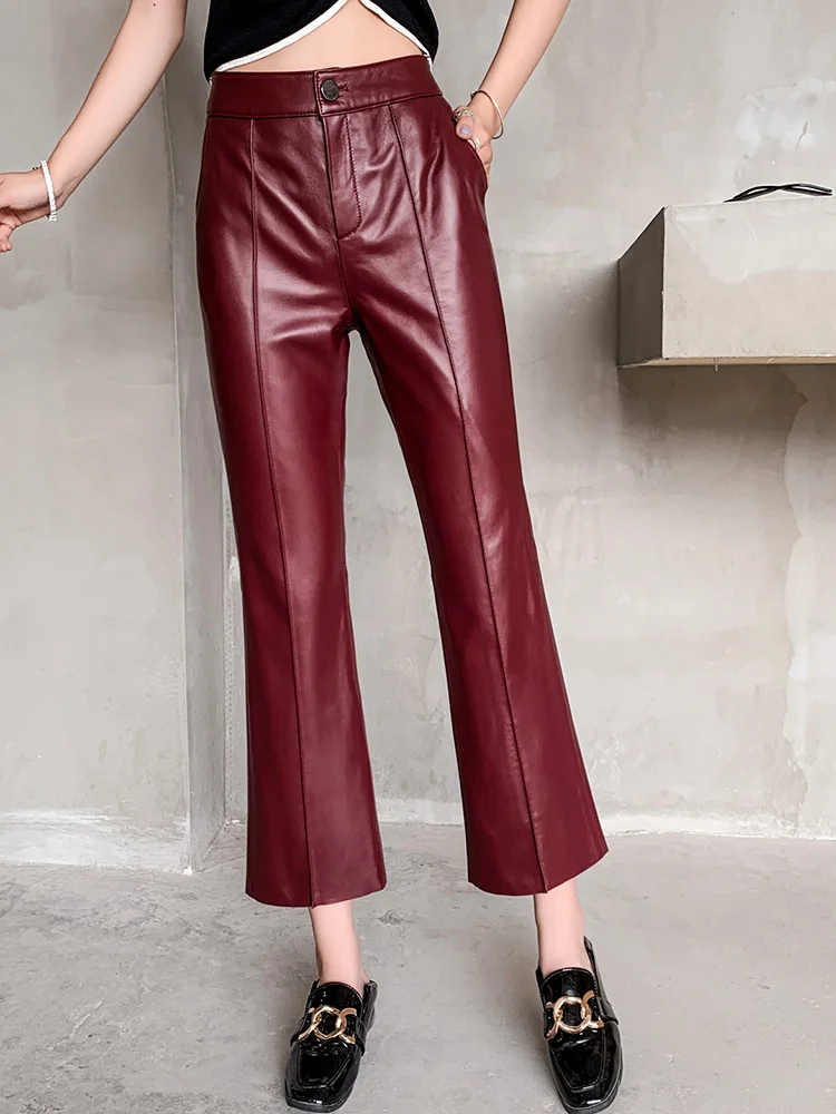 Women's Real Leather Pants, Wine Red, Micro Pants, Slimming Elastic Waist, Sheepskin Ankle Length, Fashion, Spring, Autumn