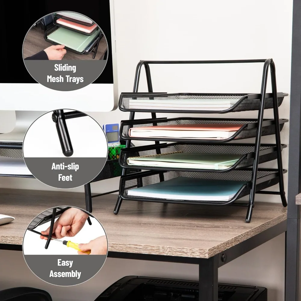 4-Tier Mesh Desktop Organizer, Slide-Out Trays for Files & Documents, Non-Slip Base, Black view 4