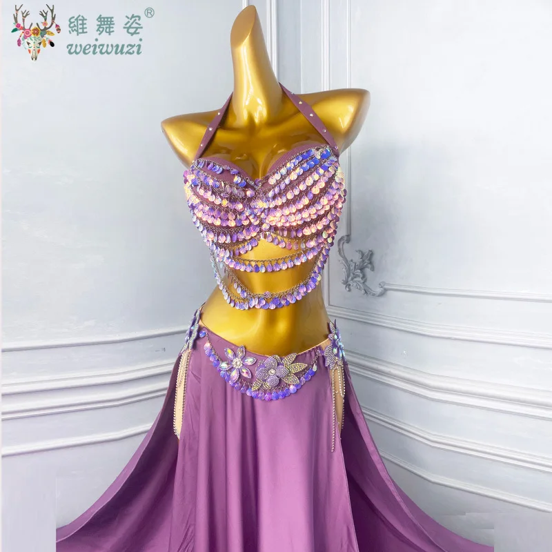 Conjunto de desempenho de dança do ventre para mulheres, sutiã de lantejoulas sênior personalizado + saia longa dividida sexy, fantasia de competição de dança oriental