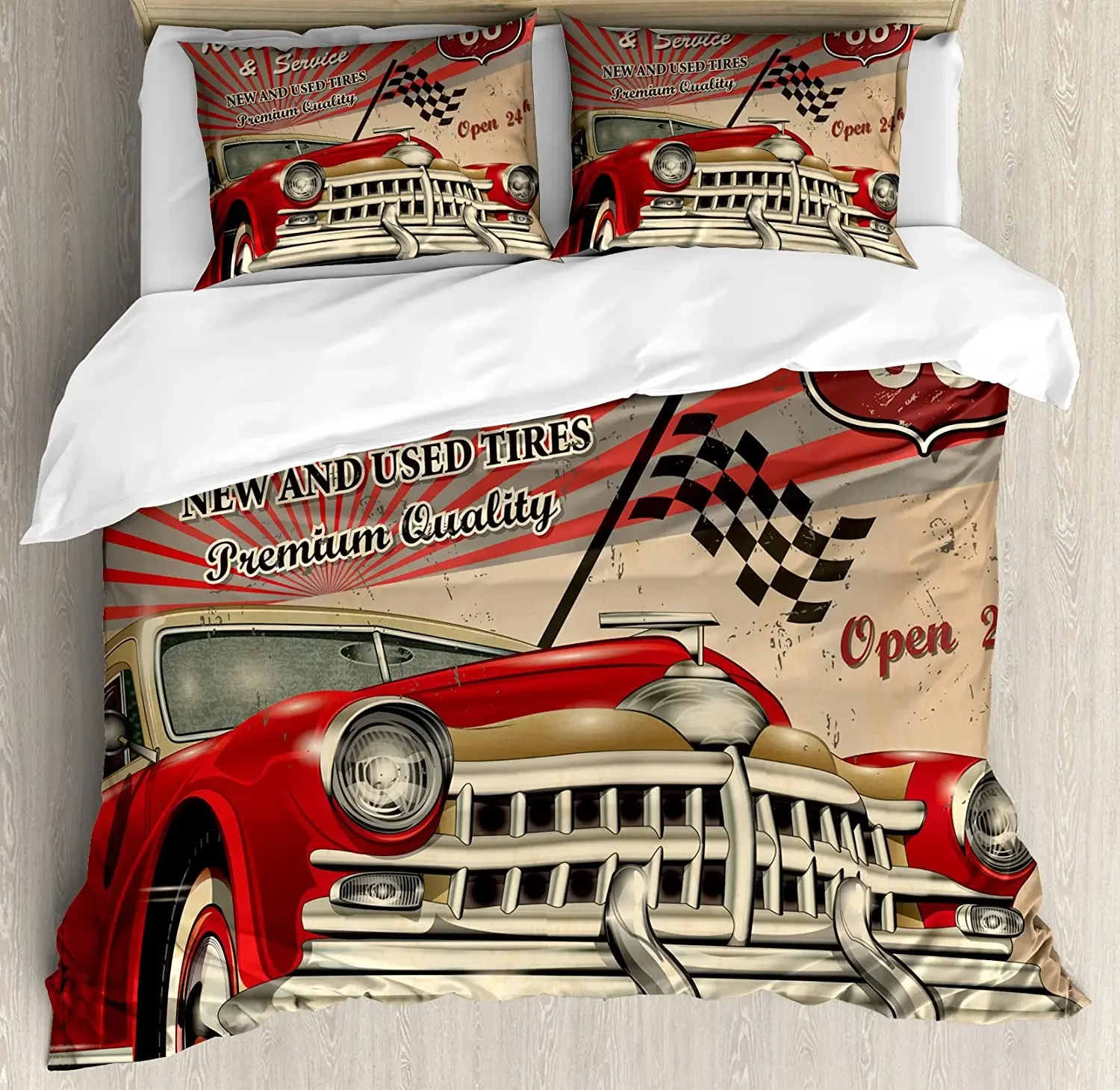 

Cars Bedding Set For Bedroom Bed Home Tires Shop and Service Route 66 Emblem Advertisemen Duvet Cover Quilt Cover And Pillowcase