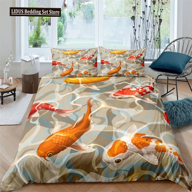 

Golden Fish Duvet Cover Set King Size Comforter Cover 3D Print Orange Fishes Lucky For Kids Boys Girls Men Polyester Bedding Set