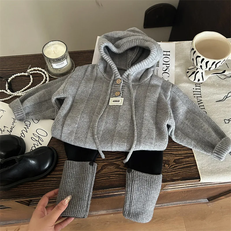 Girls Suit 2024 Autumn New Childrens Wear Korean Style Baby Girl Knitted Hooded Sweater Pile Pile Socks Leggings Two-piece Set