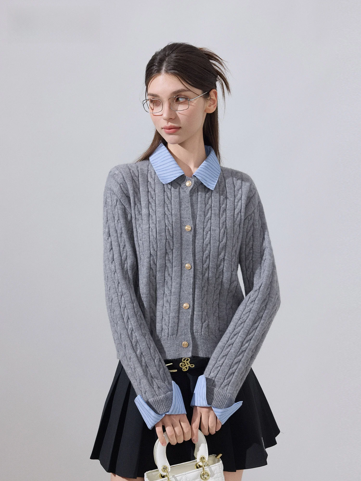 

Женский вязаный свитер Slim Fit в стиле колледж с эффектом двухслойности, имитация кардигана, верхняя одежда для весны и осени, новинка Ikyou