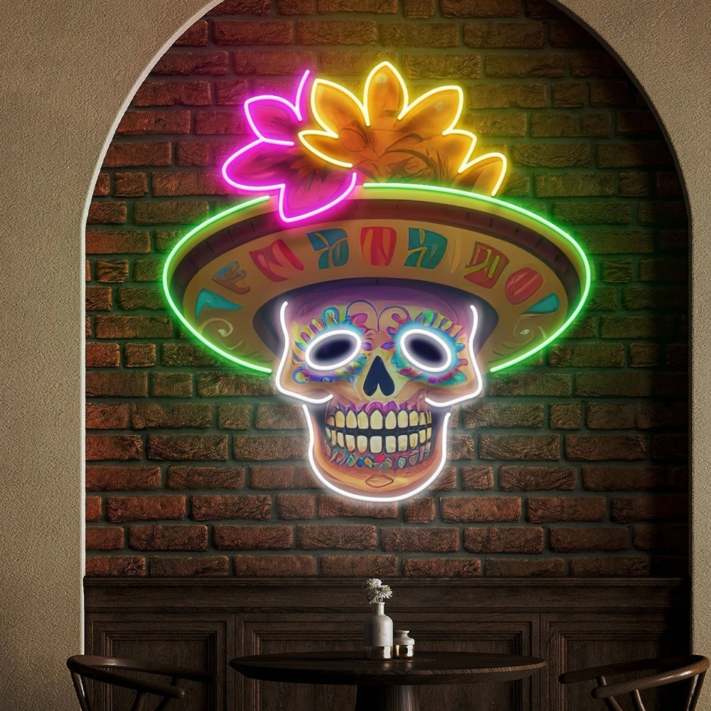 Mexico Taco Restaurant Neon Sign Skull Bone Custom Neon Light Wall Decor Acrylic Artwork Neon Signs Decorative Aesthetic Led