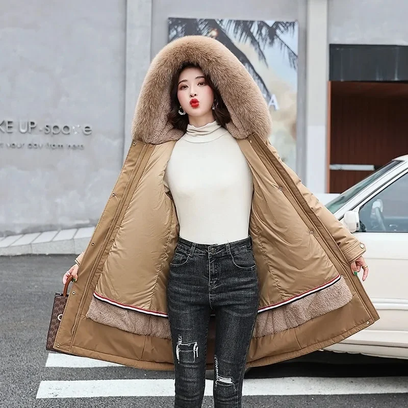 

2022 New Women Jacket Parkas Winter Long Coats Fur Lining Warm Jackets Female Snow Wear Coat Fur Collar Hooded Parka Outerwear