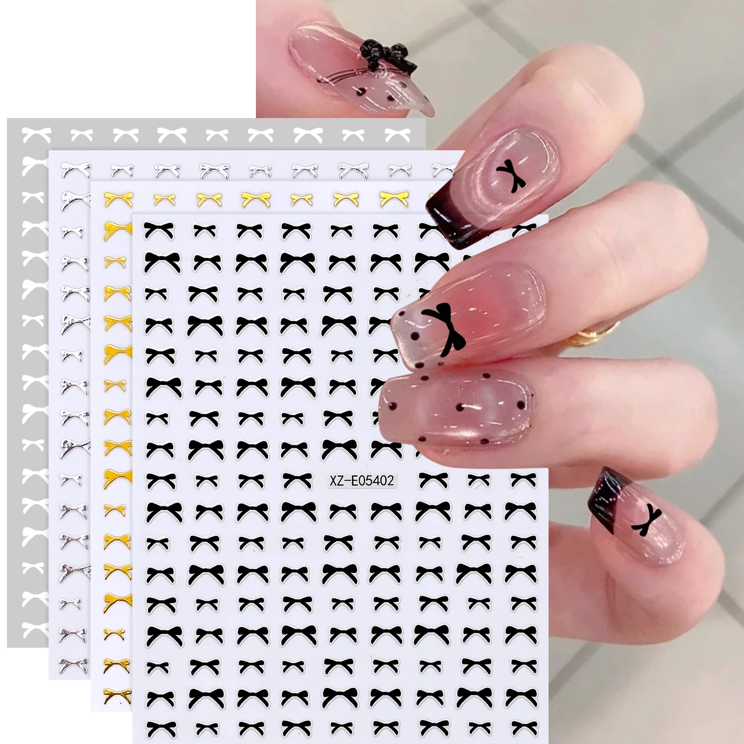 4Pcs/Set 3D Mini Bow Nail Stickers Gold Silver Black White Bowknot Self Adhesive Nails Decals Sweet Bowtie Manicure Decorations