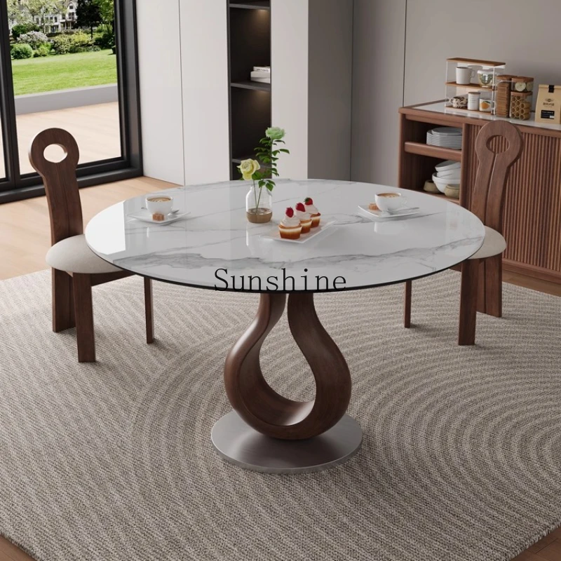 

Nordic solid wood dining table household modern simple high-end bright rock slab round dining table