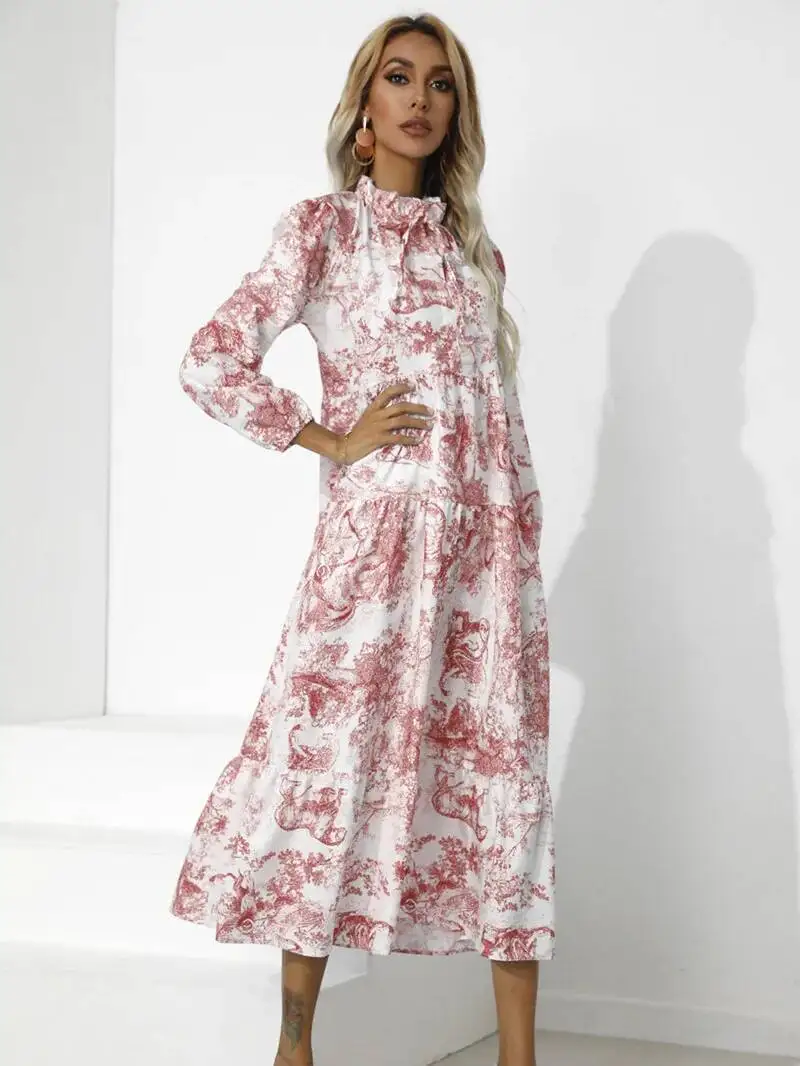 ربيع الخريف المرأة الجديدة جولة الرقبة المألوف المطبوعة طوق حزام فضفاض تسعة سنت كم طويل الأكمام فستان كاجوال BAQ7