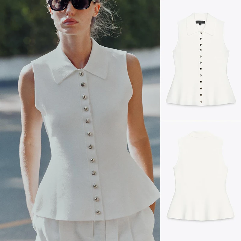 Novedad de verano, falda acampanada con cuello Svel para mujer, chaleco tejido, Top de fibra de poliéster 00% Color puro para ir al trabajo