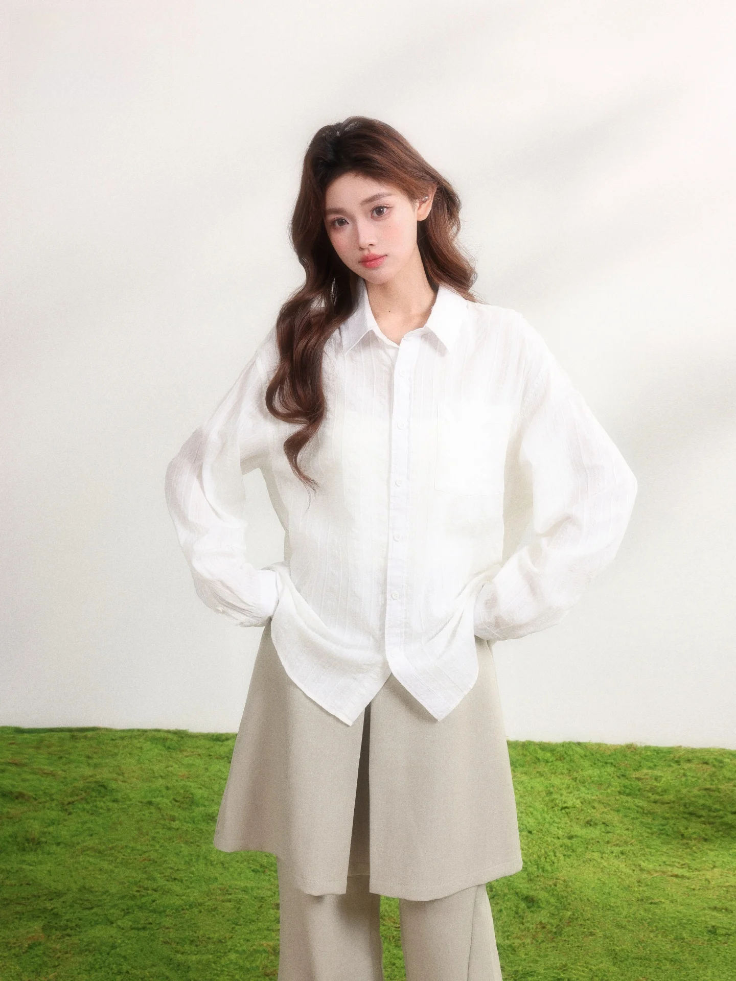 

Loose Fit Long Sleeve White Shirt Women's Casual Style Button up Commute Top Korean College Fashion Summer New Arrival