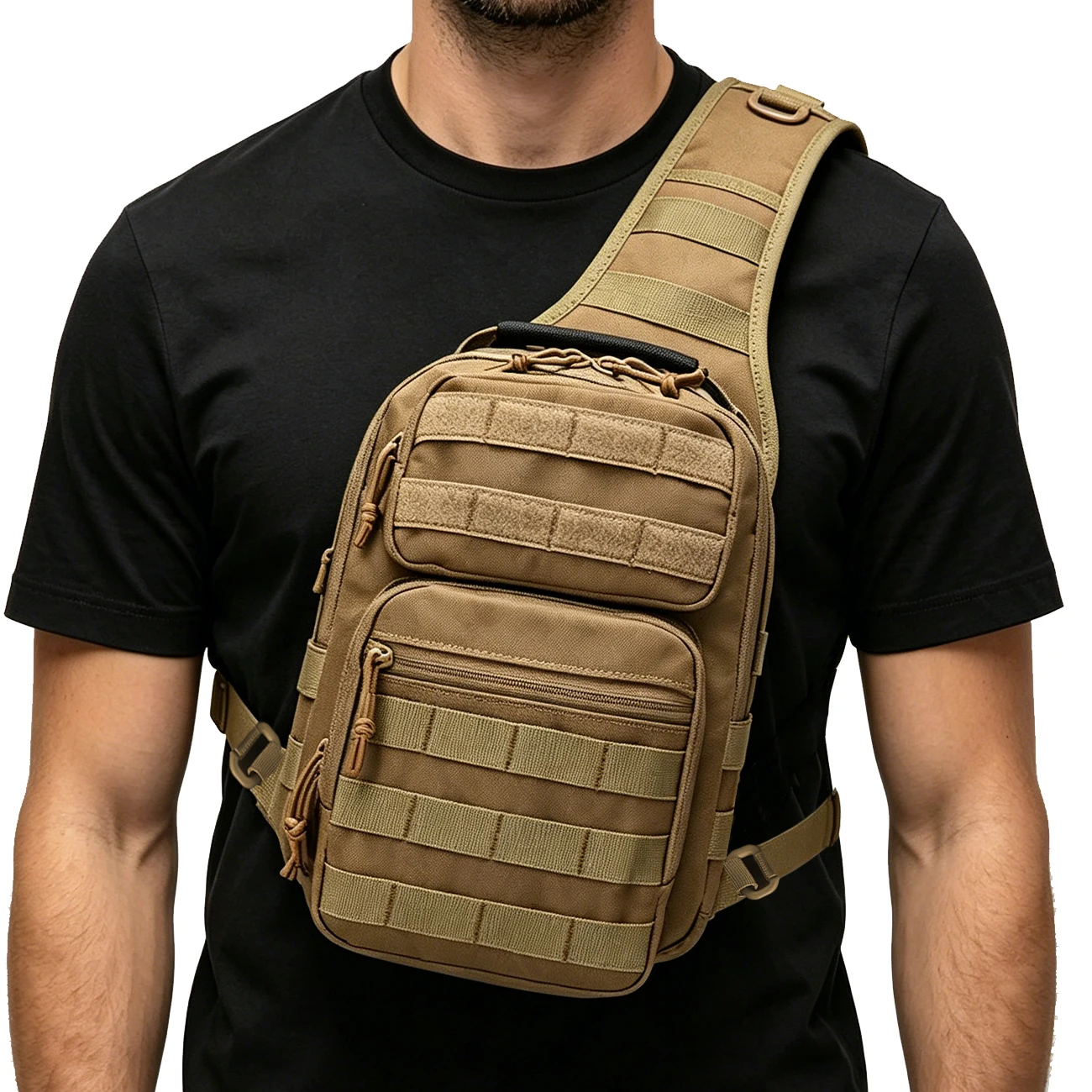 Large capacity single shoulder crossbody chest bag with wide and thick shoulder straps and multi compartment layered design