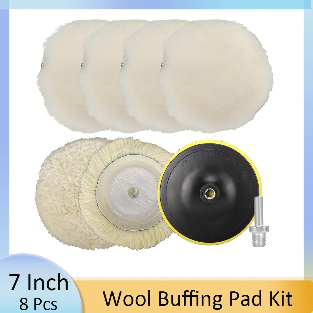 7 Inch Wool Polishing Buffing Wheel Kit 8 Pcs with M14 Drill Adapter for Drill Wool Pads Pads Woolen Polishing Waxing Pads