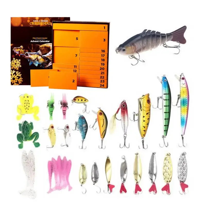 Fishing Advent Calendar 24 Days Fish Lure Christmas Countdown Calendar Freshwater Saltwater Fishing Set for Adult Men Teen Boys