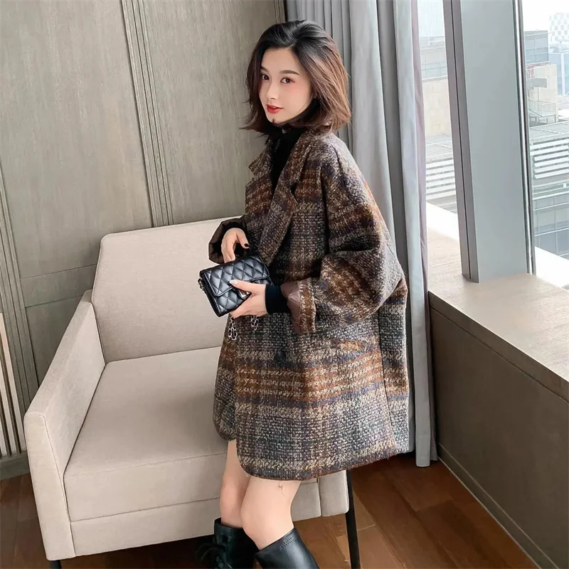 Vintage Fashion Commuter Plaid Medium Long Woolen Coat Women 2023 Spring Autumn New Korean Loose and ComfoRtable Appear Thin