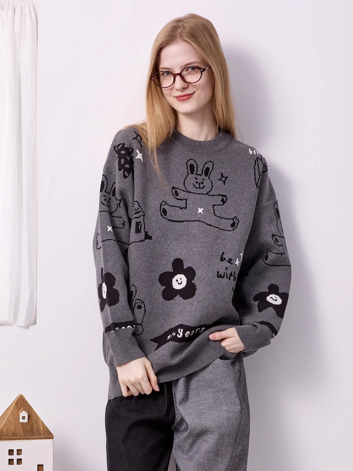 

Original Large Size Kids Club ey Rabbit Cartoon Knitted Sweater Loose Fit Street Sle Cotton Blend Warmth for Autumn Winter