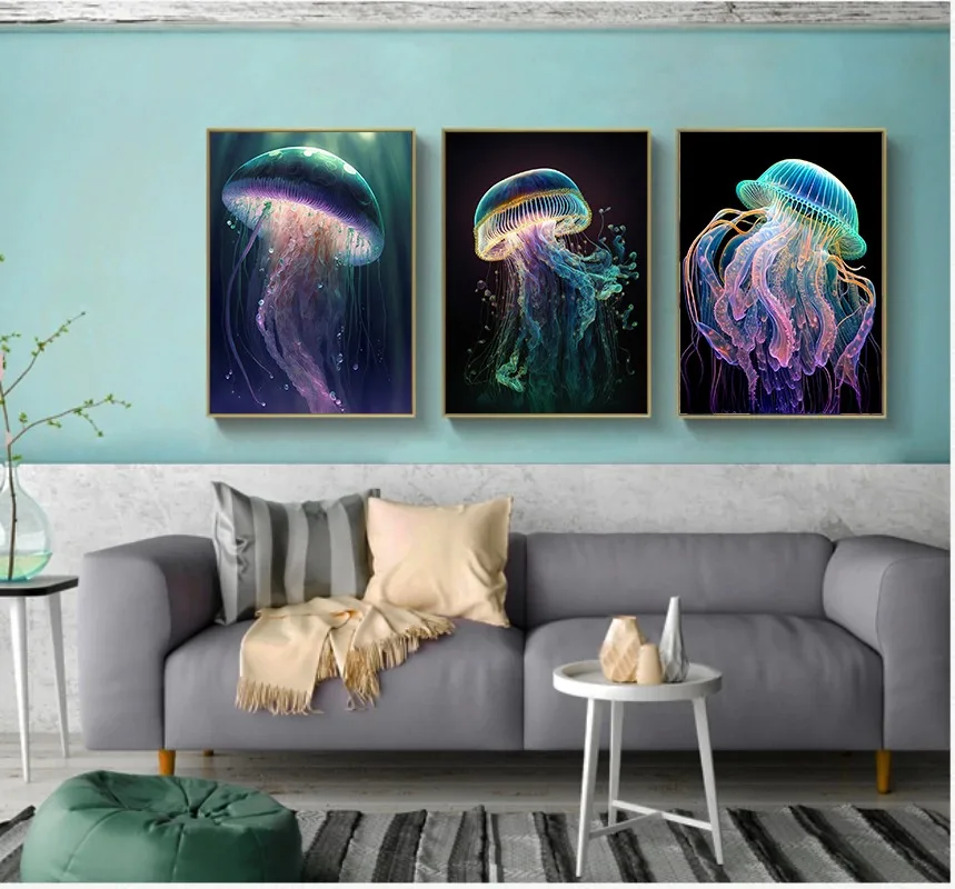 Abstract Octopus Jellyfish Deluxe Canvas Painting Prints Marine Animal Posters and Pictures Wall Art Living Room Home Decoration