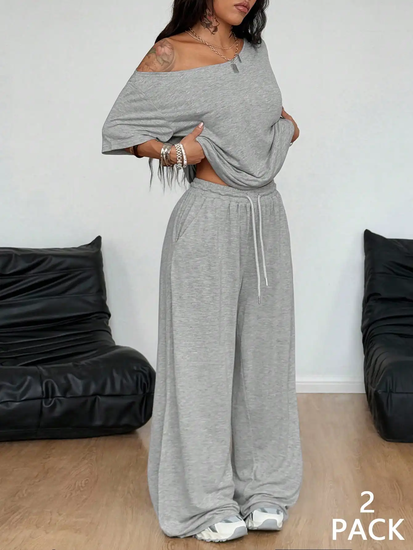 

Women's Off-Shoulder Loose T-Shirt & Wide Leg Sweatpants 2-Piece Set Gray