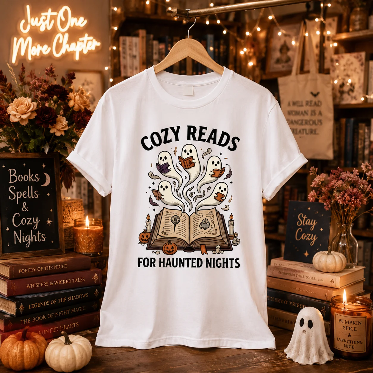 Women's 100% Pure Cotton T-Shirt Cozy Reads For Haunted Nights Pattern T-Shirt, Halloween Reading Ghost Book Lover Short Sleeved