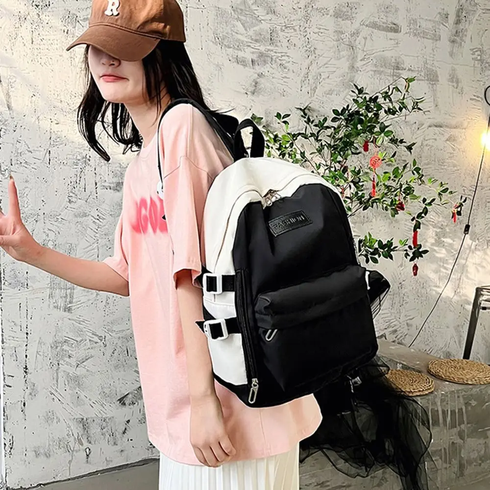 

Solid Color Contrasting Color Backpack Large Capacity Handbag Students School Bag Korean Style Travel Bag Shoulder Bag Rucksacks