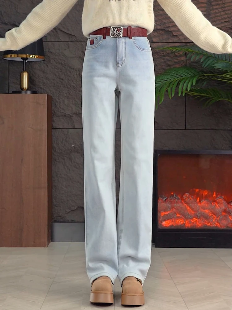 

Джинсы с высокой талией и расклешенными штанинами для женщин, осенне-зимняя новинка, облегающие повседневные узкие прямые леггинсы, синие джинсы на флисовой подкладке