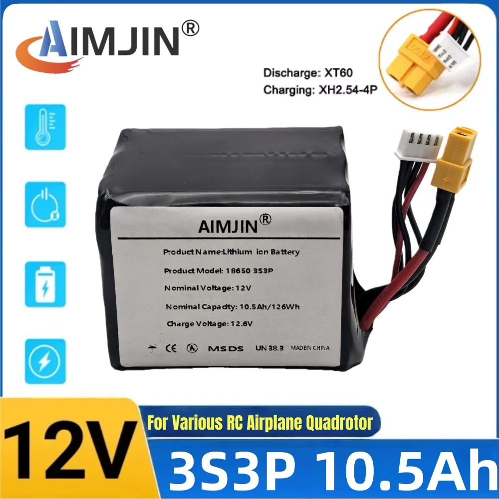 12V 10500mAh Li-ion 3S3P Battery for Parrot Disco Various RC Airplane Quadrotor 12.6V High Capacity UAV