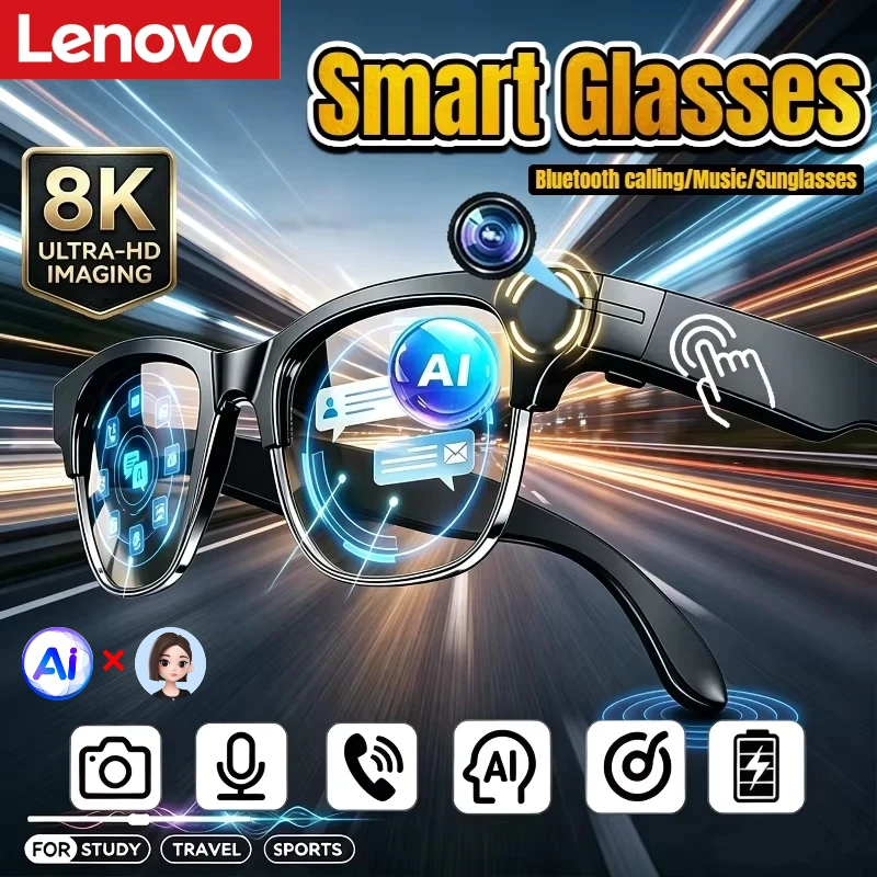 Lenovo AI Smart Glasses 8K Remote Control Touch Photo Camera Recording Translator Voice Assistant Wireless Bluetooth Eyewear