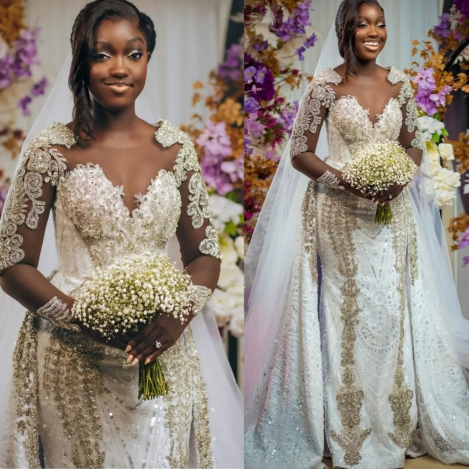 Customized   Sparkly Heavy Beads Crystals Wedding Dress For Bride Robe De Mariée Long Sleeves Bridal Gowns with Removable Skirt