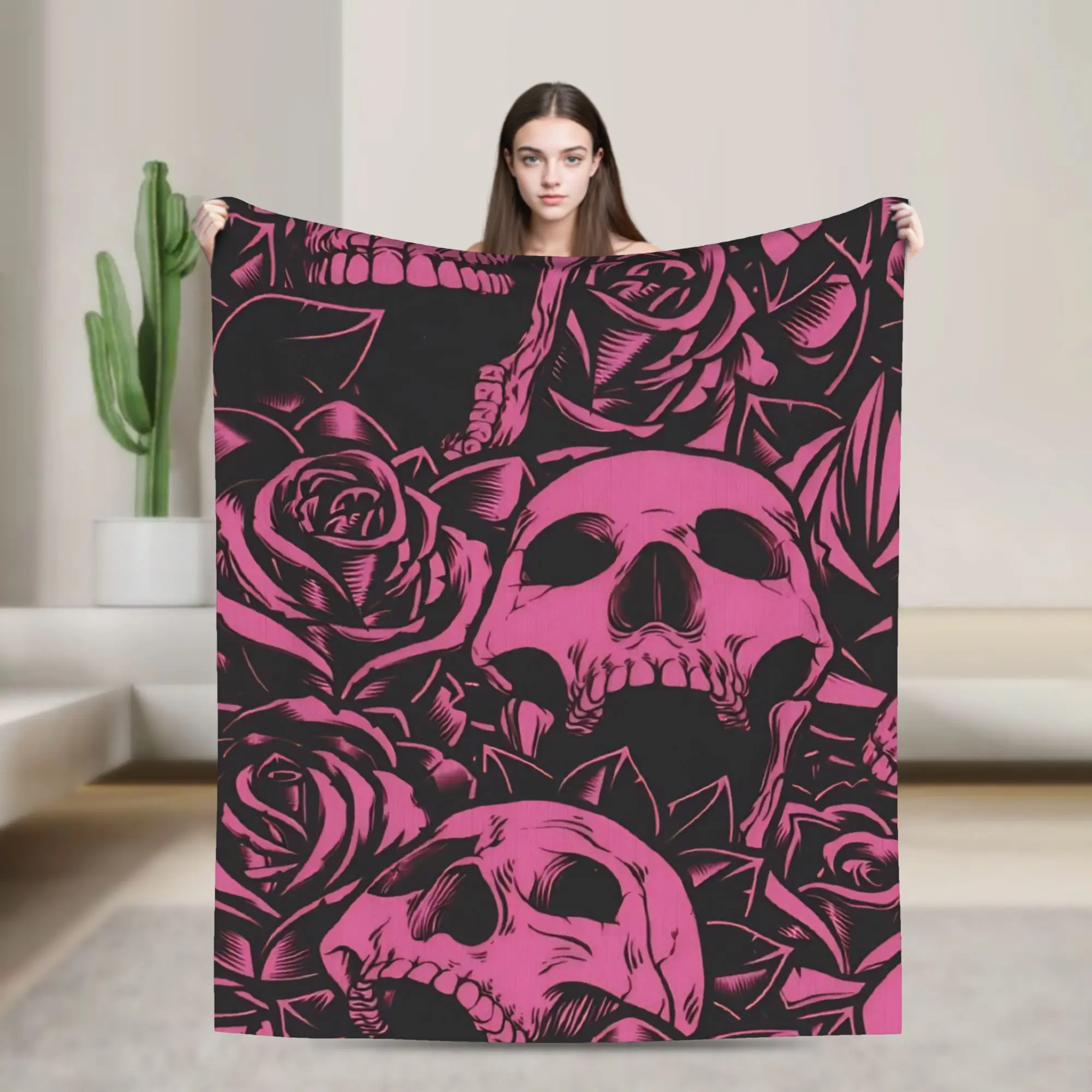 Gothic Foral Skull Blanket Cover Halloween Plush Throw Blankets Bedroom Sofa Printed Ultra-Soft Warm Bedspreads