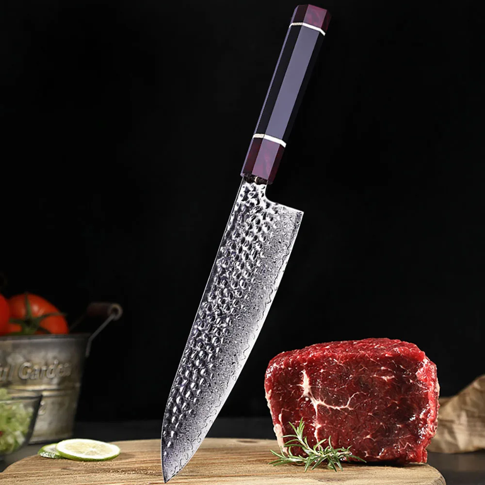 XSG Damascus Japanese Chef Knife 9Cr18Mov Steel Blade Meat Cleaver Handmade Forged Kitchen Knives Octagonal Resin Handle