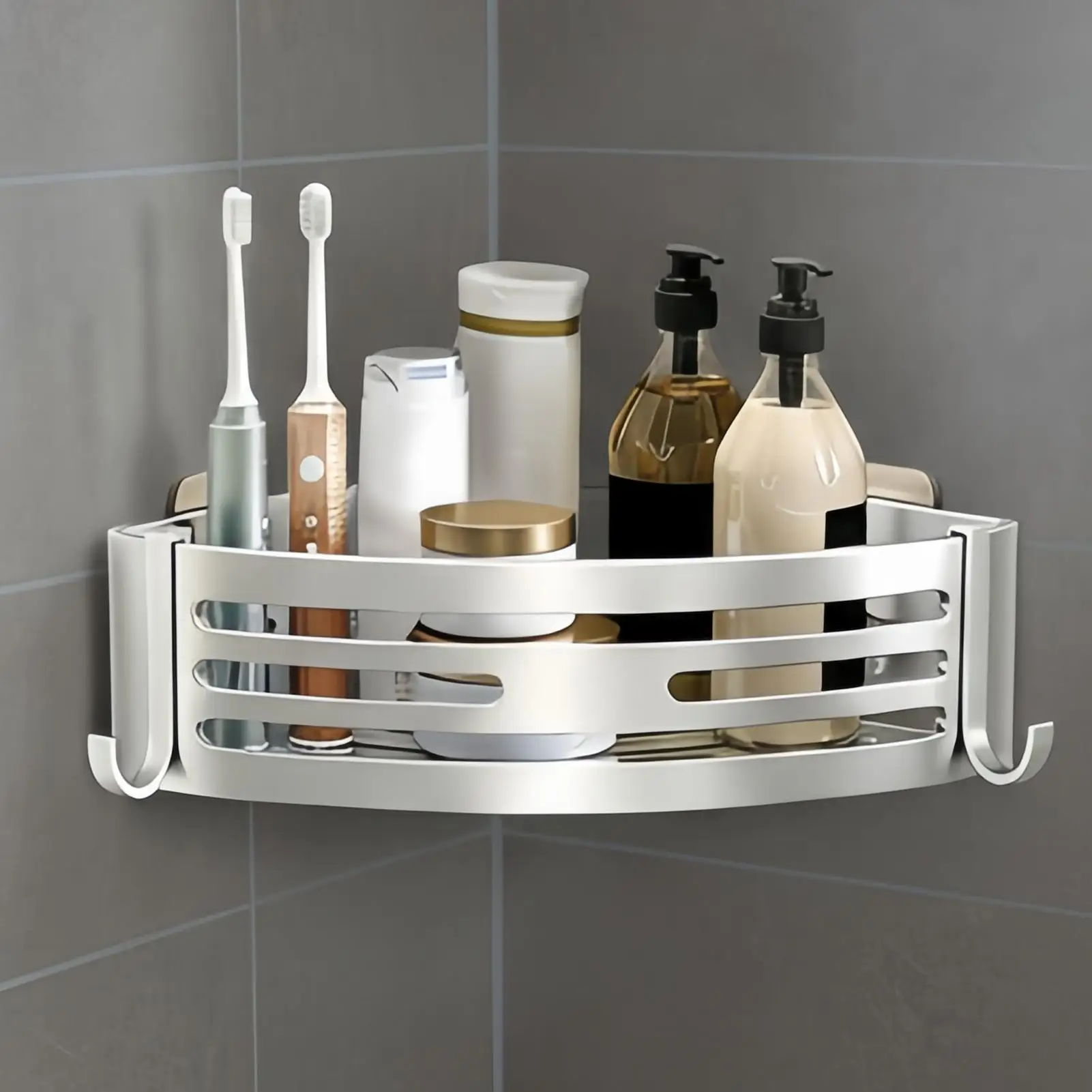 

Bathroom Corner Shelf Rustproof No Drilling Aluminum Alloy Rack With Hooks Shower Shelves For Wall Bath Shampoo Inside Bathtub