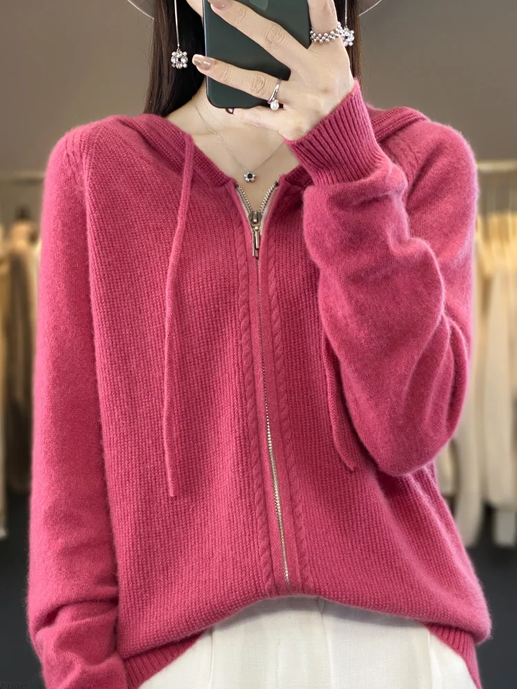 Addonee Women Hoodie Cardigan Zipper 100% Merino Wool Sweater Long Sleeve Casual Loose Cashmere Knitted Coat Korean Fashion Tops