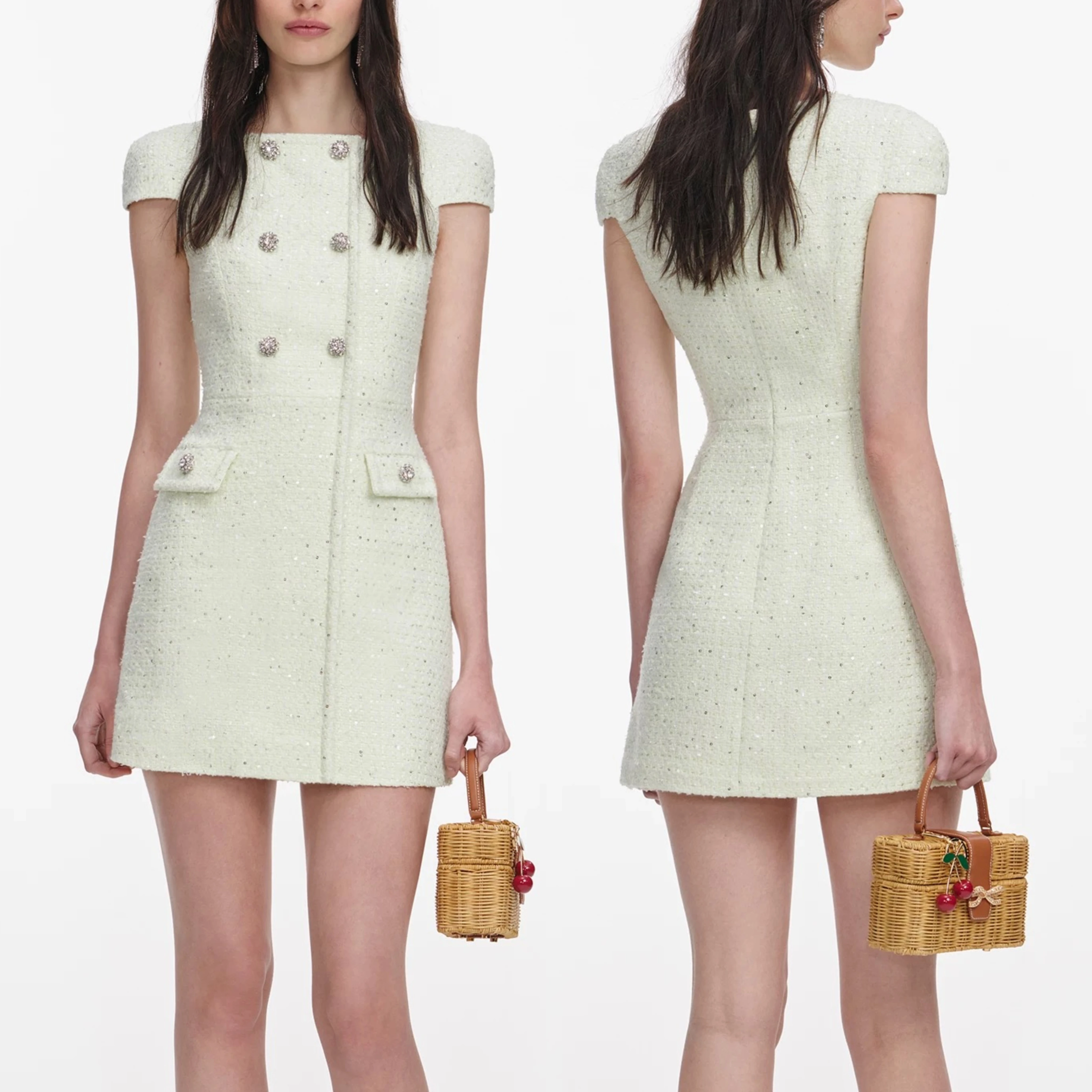 

Women Double breasted tweed mini dress short sleeve fashion temperament dress