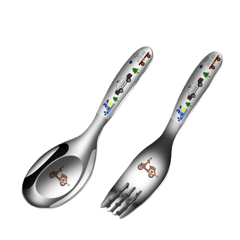 316 Stainless Steel Kids Cutlery Cartoon Pattern Carving Child Tableware Cute Spoon Fork Set  Flatware Feeding Safe Eco Friendly