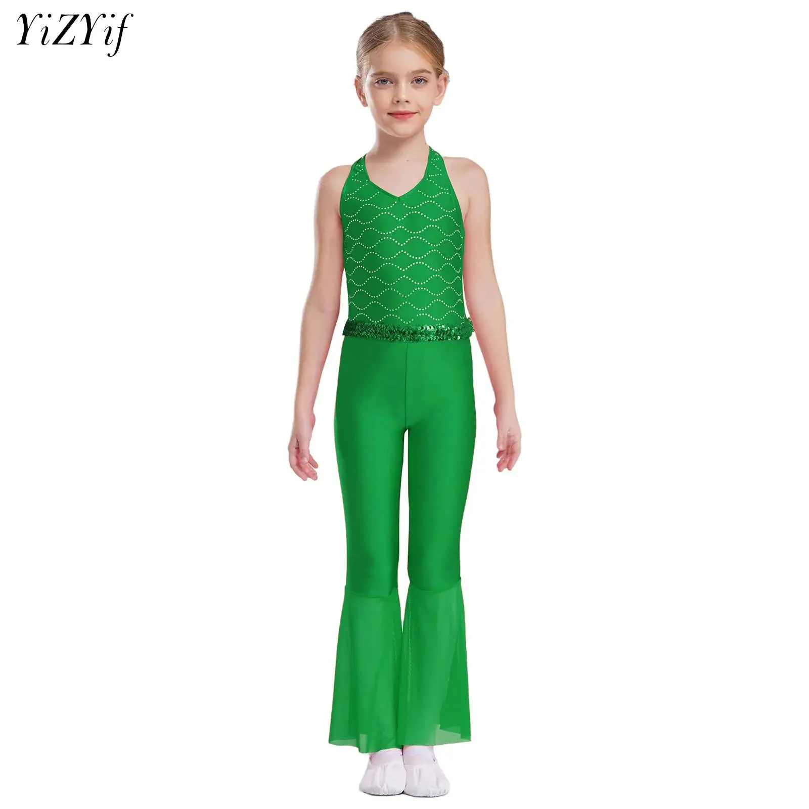 

Kids Girl Rhinestones Gymnastic Leotard Full Body Bell-Bottom Ballet Jazz Latin Dance One Piece Unitard Halter Bodysuit Jumpsuit