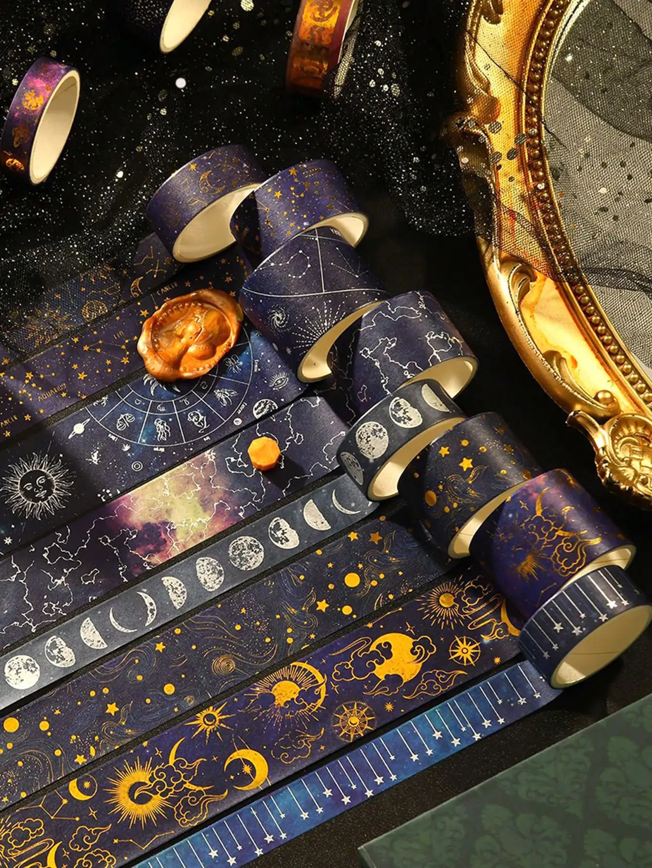 20 لفة من السماء المرصعة بالنجوم الشريط البرنز الساخن الفضة اشي الشريط كوكب الكون نمط ملصقات لطيف مذكرات المدرسة الديكور الحنفية