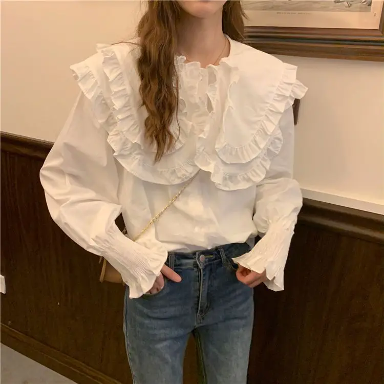 Sweet Fresh and Cute Ruffled Doll Collar Long Sleeve Shirt for Women