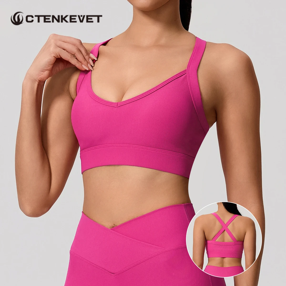 Ctenkevet Ribbed Sports Bra Women's Push up Yoga Top Running Gym Workout Brassiere - Women's Back Cross Sport Underwear