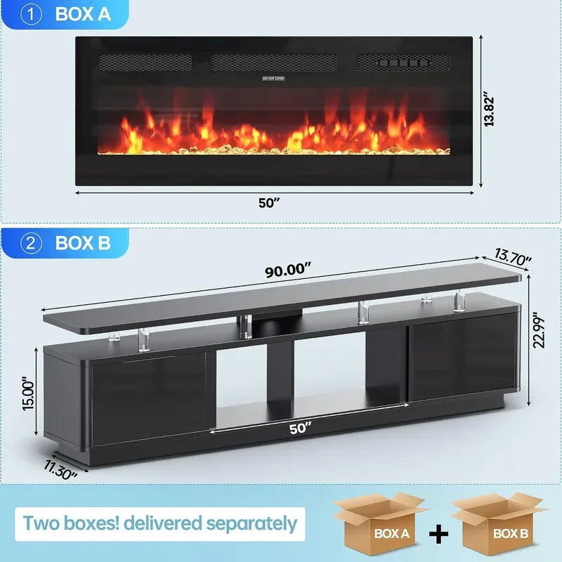 90 Fireplace TV Stand for TVs UP to 100 Entertainment Center with 50 Fireplace Double LED Lights TV Console with Stor
