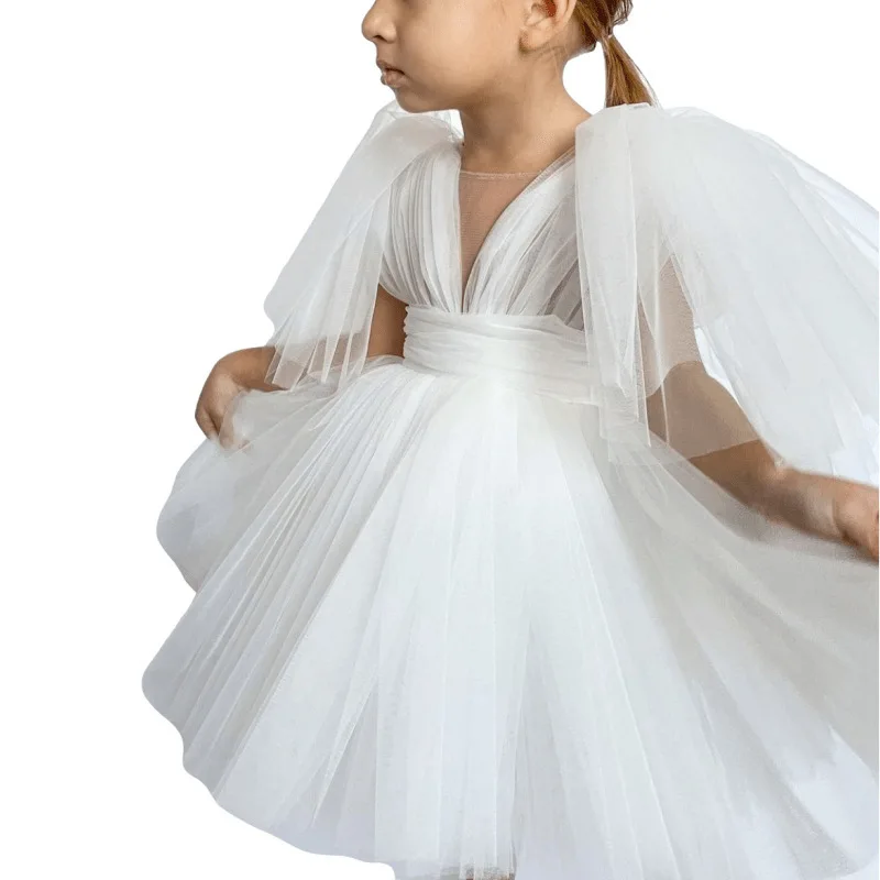 Robes de demoiselle d'honneur bouffantes avec manches bouffantes, tenue de tutu à col en V pour enfants, robe de fête d'anniversaire de mariage